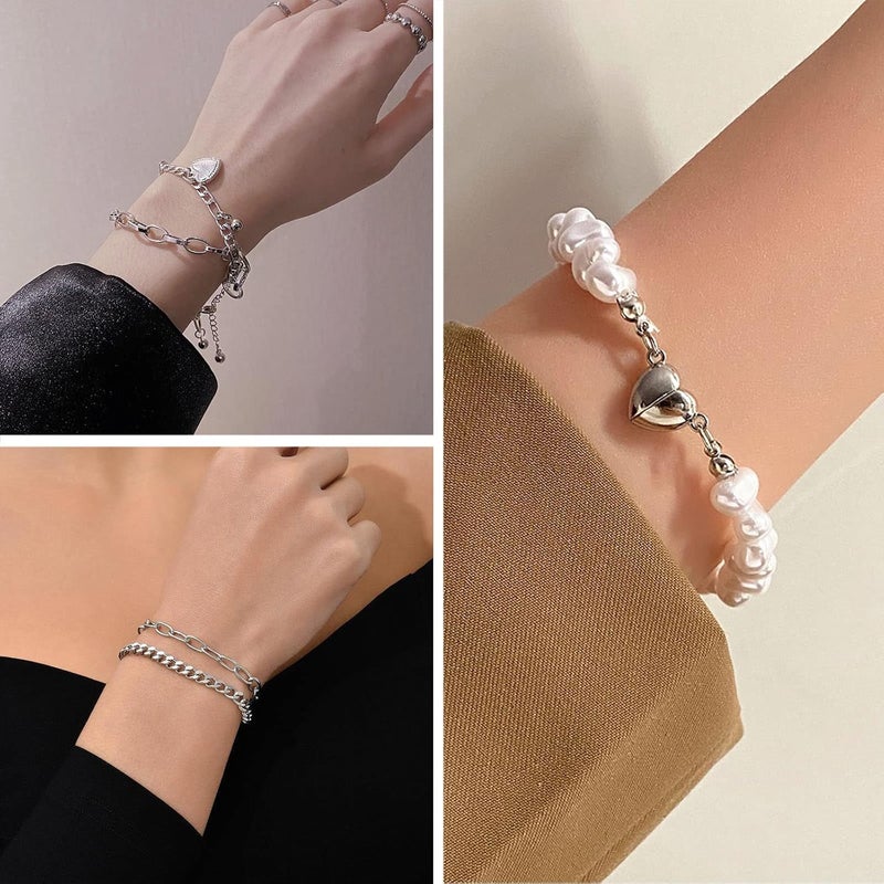 IFKM 36 PC Silver Plated Jewelry Set With 3 Necklace, 12 Bracelet, 7 Ear Cuffs Earring, 14 Knuckle Rings For Women Girls Valentine Anniversary Birthday Friendship Gift - Image 4